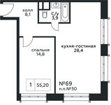 Планировка 1-комнатной квартиры, 55,2 м2