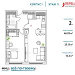 Планировка 2-комнатной квартиры, 46,59 м2