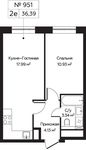 Планировка 2-комнатной квартиры, 36,39 м2