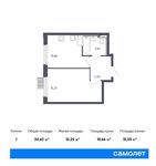 Планировка 1-комнатной квартиры, 34,42 м2