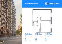 Планировка 1-комнатной квартиры, 55,6 м2