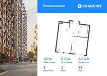 Планировка 1-комнатной квартиры, 32 м2