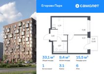 Планировка 1-комнатной квартиры, 33,07 м2
