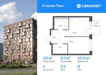 Планировка  1-комнатной квартиры, 33,03 м2