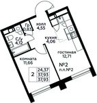 Планировка 2-комнатной квартиры, 37,93 м2