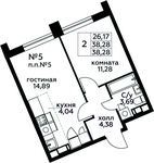 Планировка 2-комнатной квартиры, 38,28 м2