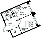 Планировка 1-комнатной квартиры, 36,02 м2