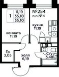 Планировка 1-комнатной квартиры, 35,1 м2