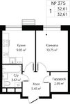 Планировка 1-комнатной квартиры, 32,61 м2
