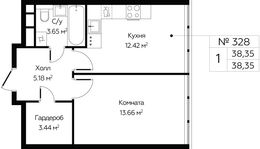 Планировка 1-комнатной квартиры, 38,35 м2
