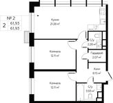 Планировка 2-комнатной квартиры, 61,93 м2