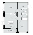 Планировка 3-комнатной квартиры, 58,3 м2