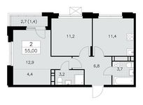 Планировка 2-комнатной квартиры, 55 м2