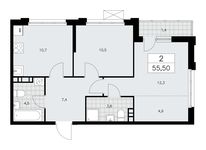Планировка 2-комнатной квартиры, 55,5 м2
