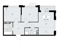 Планировка 2-комнатной квартиры, 55,4 м2