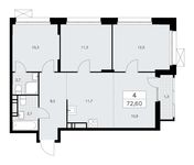 Планировка 4-комнатной квартиры, 72,6 м2