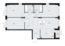 Планировка 4-комнатной квартиры, 86,9 м2