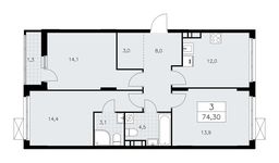 Планировка 3-комнатной квартиры, 74,3 м2
