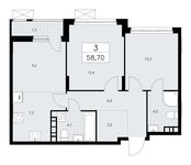 Планировка 3-комнатной квартиры, 58,7 м2