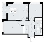 Планировка 3-комнатной квартиры, 62,9 м2