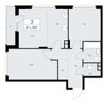 Планировка 3-комнатной квартиры, 61,9 м2