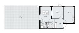 Планировка 2-комнатной квартиры, 73,5 м2