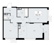 Планировка 3-комнатной квартиры, 55,7 м2