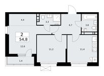 Планировка 2-комнатной квартиры, 54,8 м2
