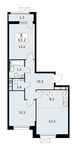 Планировка 3-комнатной квартиры, 63,2 м2