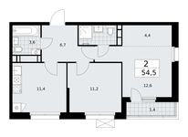 Планировка 2-комнатной квартиры, 54,5 м2