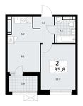 Планировка 2-комнатной квартиры, 35,8 м2
