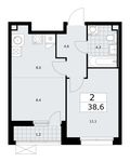 Планировка 2-комнатной квартиры, 38,6 м2