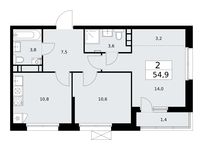 Планировка 2-комнатной квартиры, 54,9 м2