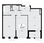 Планировка 3-комнатной квартиры, 63,9 м2
