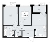 Планировка 3-комнатной квартиры, 55,6 м2