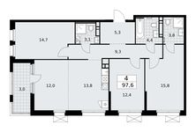 Планировка 4-комнатной квартиры, 97,6 м2