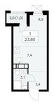 Планировка 1-комнатной квартиры, 23,8 м2
