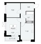 Планировка 2-комнатной квартиры, 49,6 м2