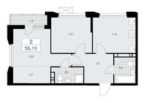 Планировка 2-комнатной квартиры, 56,1 м2