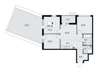 Планировка 4-комнатной квартиры, 77,3 м2