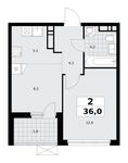 Планировка 2-комнатной квартиры, 36 м2