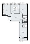 Планировка 3-комнатной квартиры, 72,2 м2