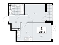 Планировка 2-комнатной квартиры, 38,7 м2