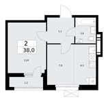 Планировка 2-комнатной квартиры, 38 м2