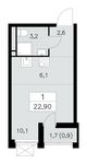 Планировка 1-комнатной квартиры, 22,9 м2