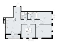 Планировка 3-комнатной квартиры, 69,4 м2