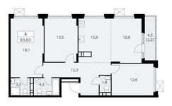 Планировка 4-комнатной квартиры, 93,6 м2