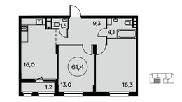 Планировка 2-комнатной квартиры, 61,4 м2
