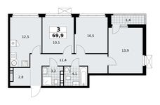 Планировка  3-комнатной квартиры, 69,9 м2