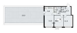 Планировка 3-комнатной квартиры, 88,6 м2